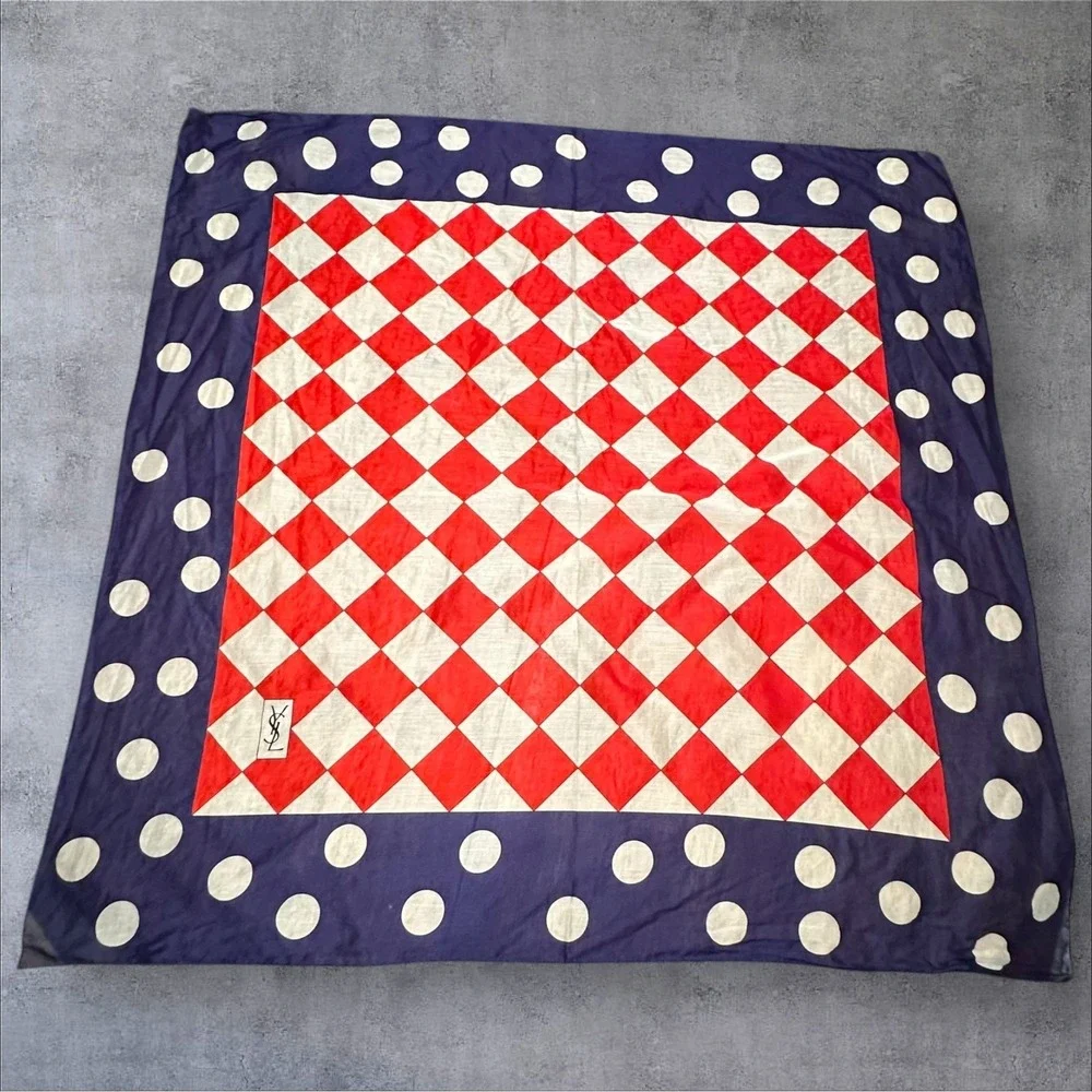 Vintage YSL Yves Saint Laurent Scarf Red‎ White Harlequin Polka Dot Silk 34x34